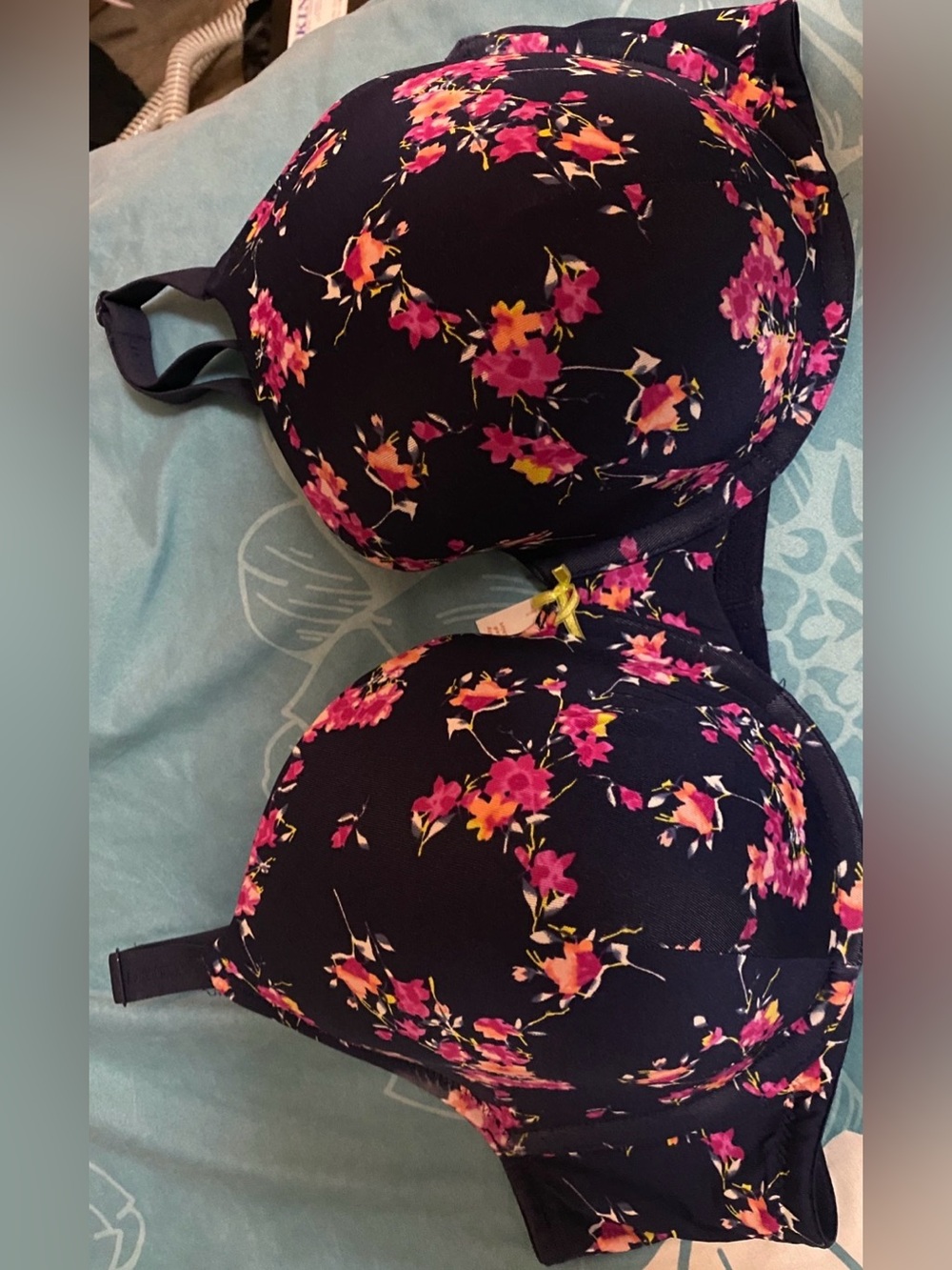Cacique Navy Floral Molded T-Shirt Bra with Pink & Yellow Flowers